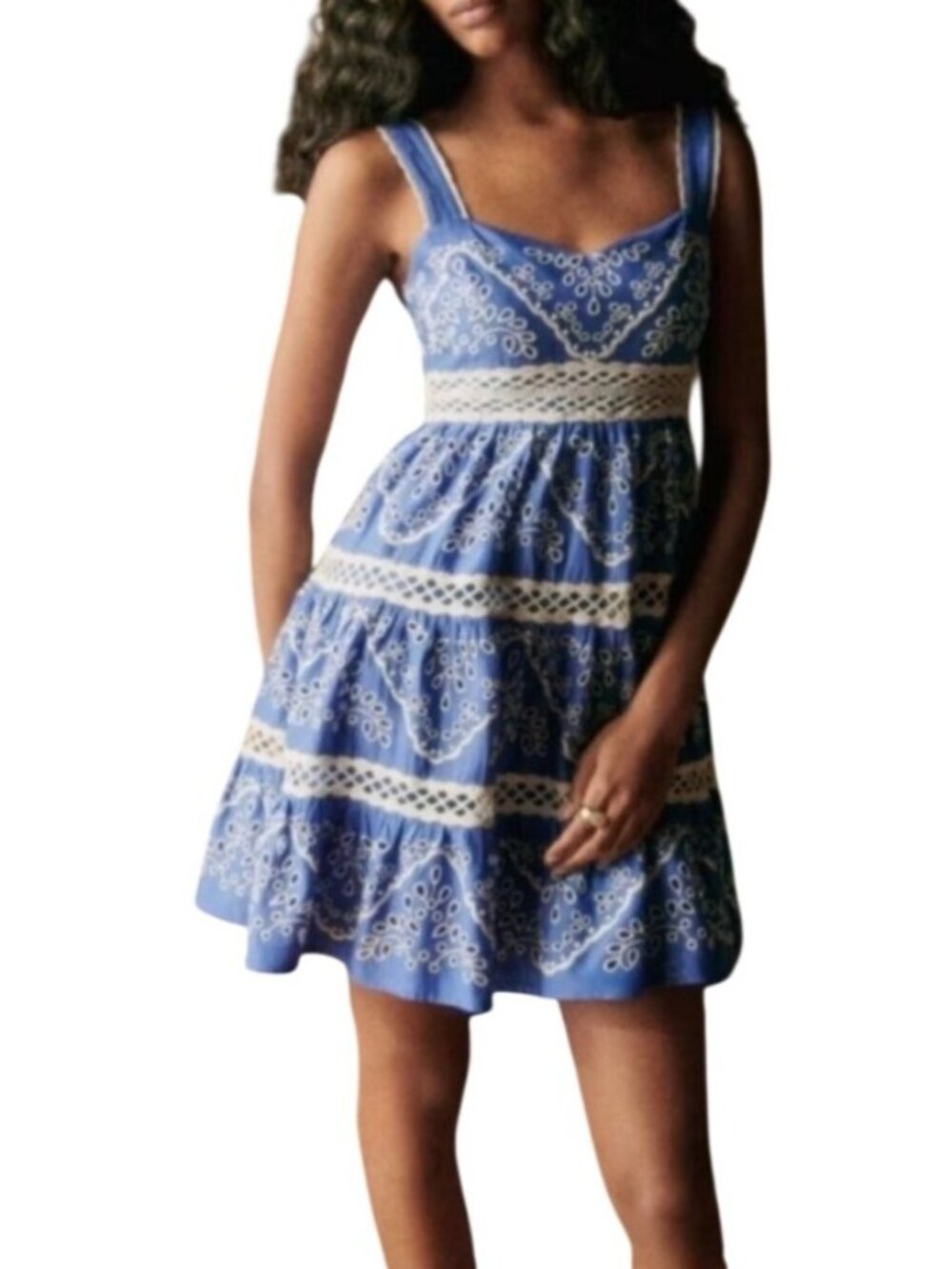 Sézane Blue White Embroidered Boho Mini Dress Women’s 42 EU / US 10 Sleeveless